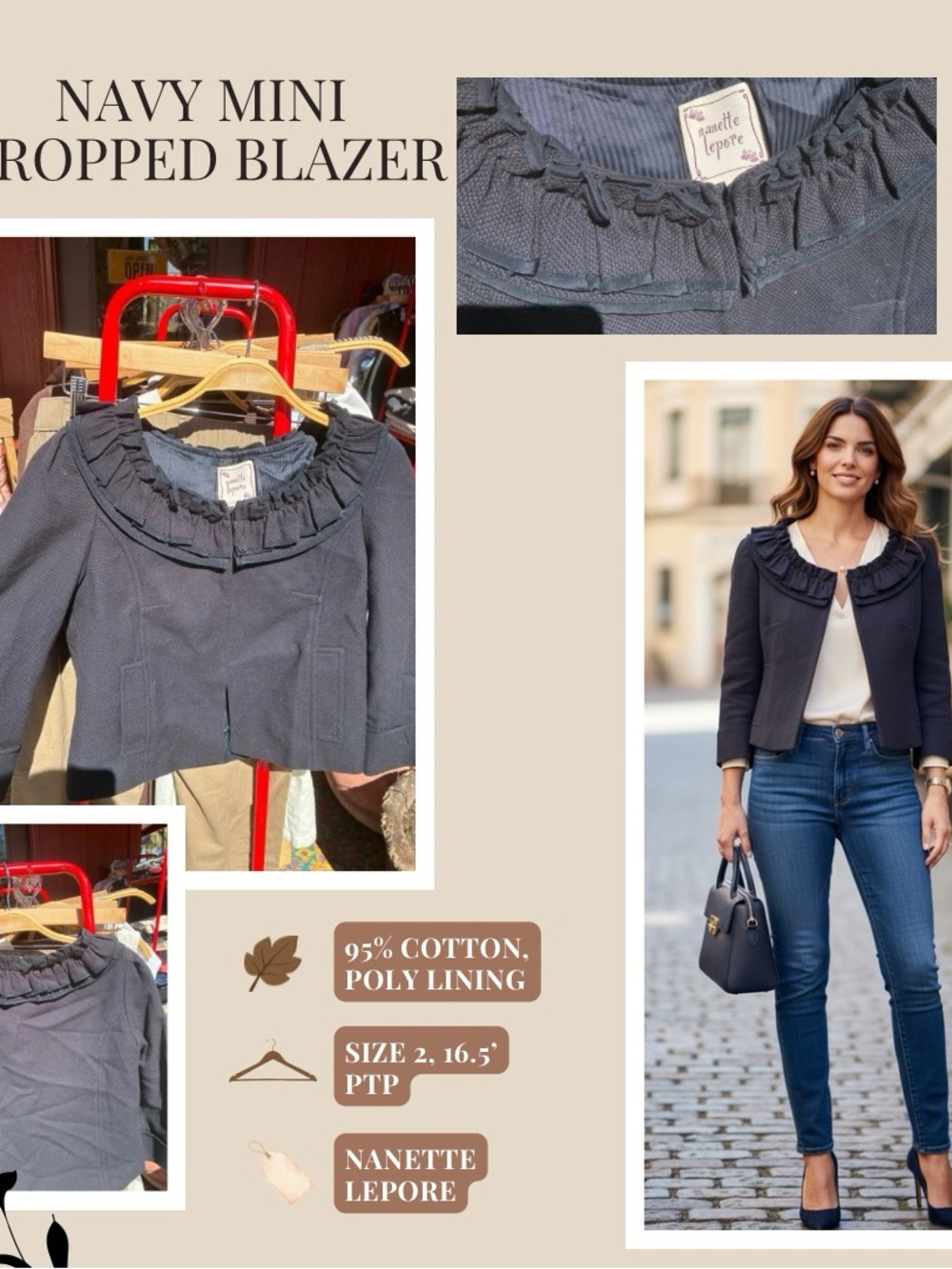Nanette Lepore Navy Ruffled-Collar Cropped Blazer
